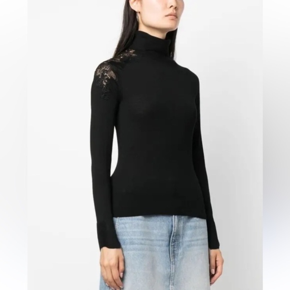 REISS Black Turtleneck Sweater shoulder embroidered cutout